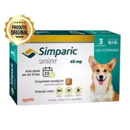 Simparic Antipulgas e Carrapatos para Cães de 10,1kg a 20kg Zoetis 3 Comprimidos