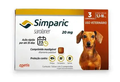 Simparic 5,1 A 10kg Cães 20mg - Caixa 3 Comprimidos
